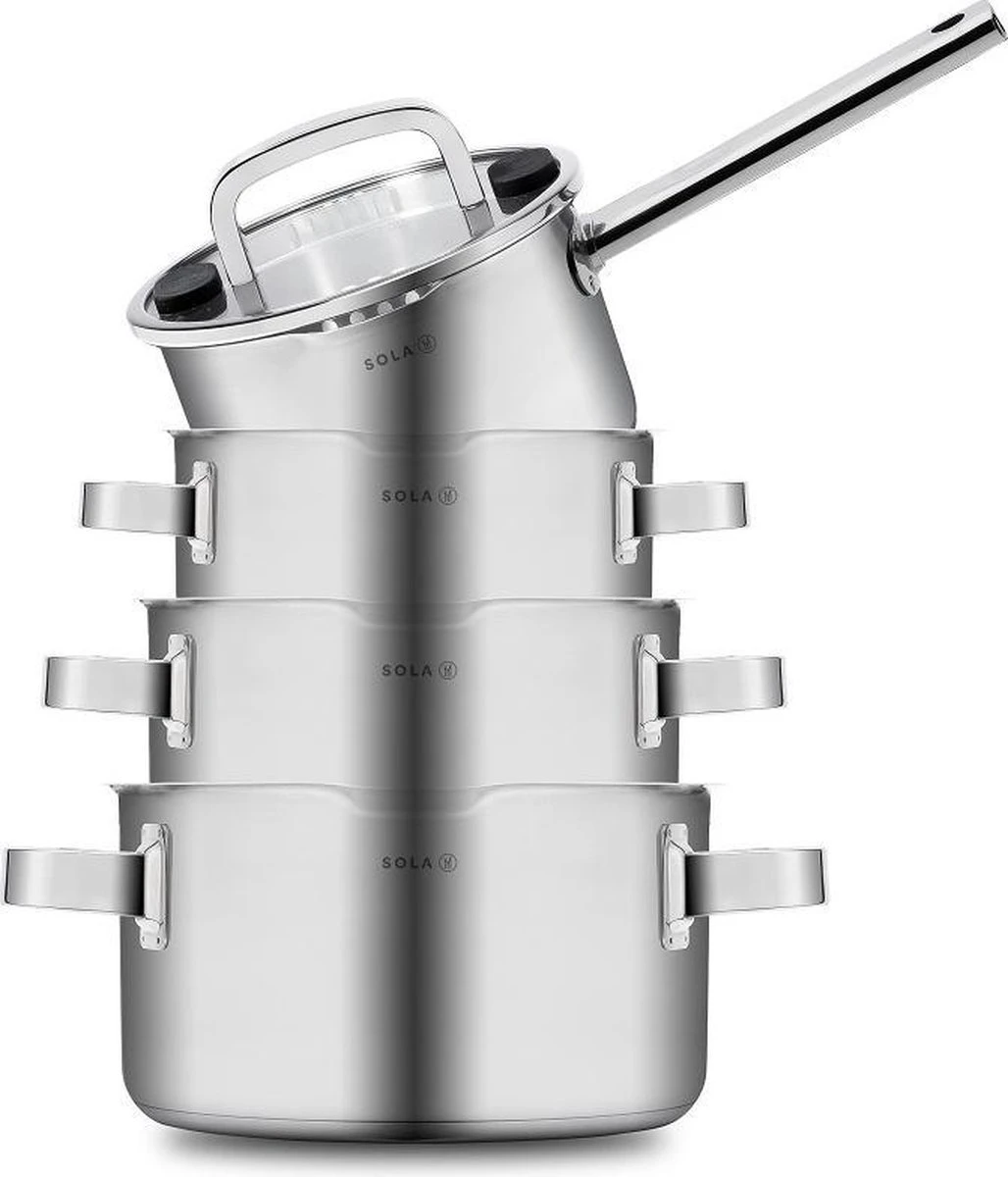 Sola Pannenset Juvia - 4 Delig - Ø 16,16,18,20 Cm - Zilver - RVS - Sandwichbodem 2 Sola Pannenset Juvia - 4 Delig - Ø 16,16,18,20 Cm - Zilver - RVS - Sandwichbodem - Afbeelding 2
