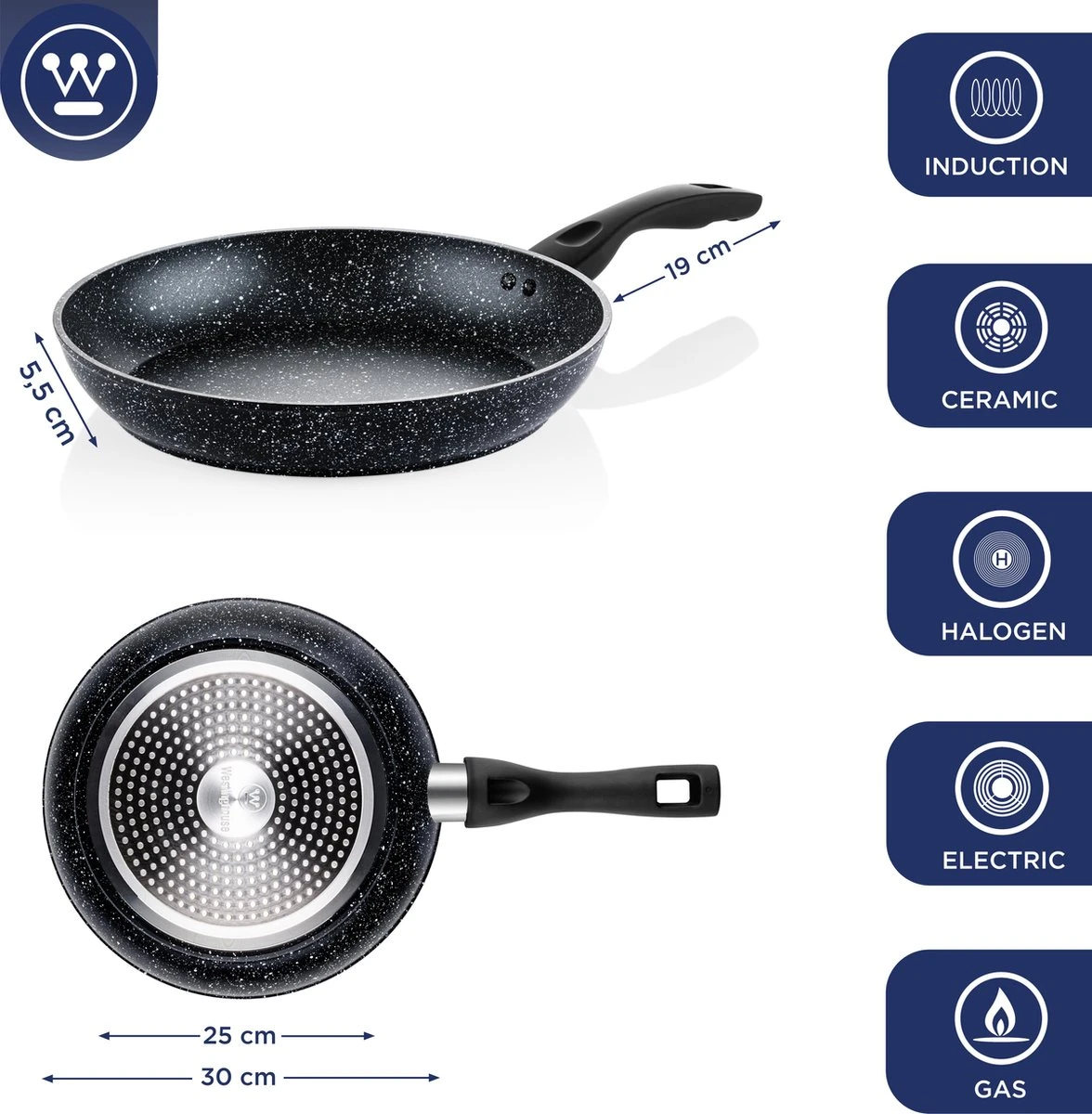 Westinghouse Koekenpan - Ø 30 Cm - Zwart Marmer - Geschikt Voor Alle Warmtebronnen Inclusief Inductie 2 Westinghouse Koekenpan - Ø 30 Cm - Zwart Marmer - Geschikt Voor Alle Warmtebronnen Inclusief Inductie - Afbeelding 2