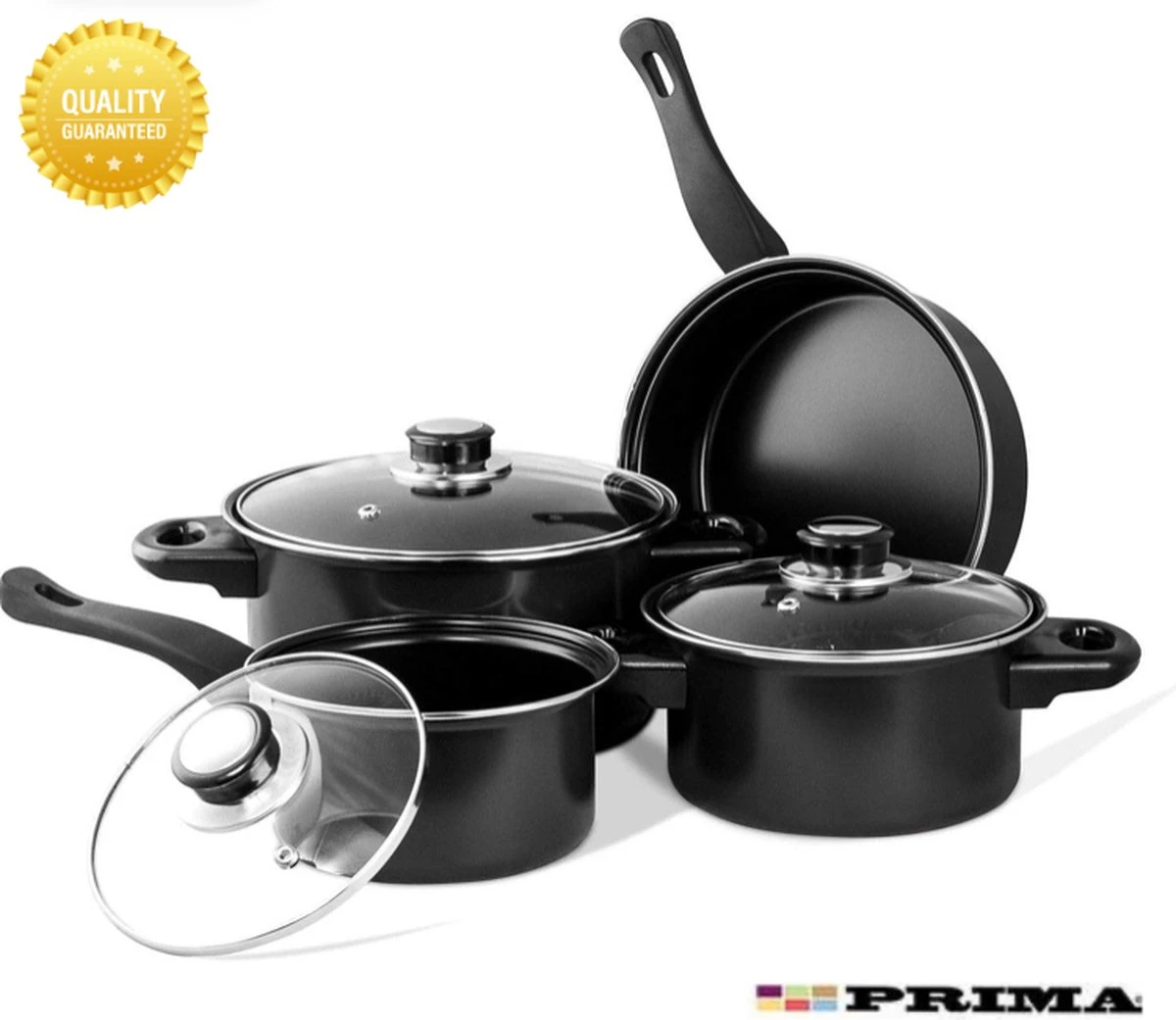 Prima Pannenset 7 Delig - Kleine Pannen - Zwart - Antiaanbaklaag - Kookset - Met Deksel - Kookpannen - Sauspan - Cadeau Voor Man En Vrouw 1 Prima Pannenset 7 Delig - Kleine Pannen - Zwart - Antiaanbaklaag - Kookset - Met Deksel - Kookpannen - Sauspan - Cadeau Voor Man En Vrouw