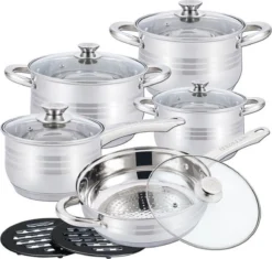 Swiss - Pannenset Inductie 12-delig - Glazen Deksel - RVS Pan / Steelpan / Koekenpan - PFAS-vrij