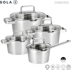 Sola Pannenset Diamond - 4 Delig - Ø 16,16,18,20 Cm - Zilver - RVS - Sandwichbodem 19 Sola Pannenset Diamond - 4 Delig - Ø 16,16,18,20 Cm - Zilver - RVS - Sandwichbodem -Huis Keuken 1200x1183