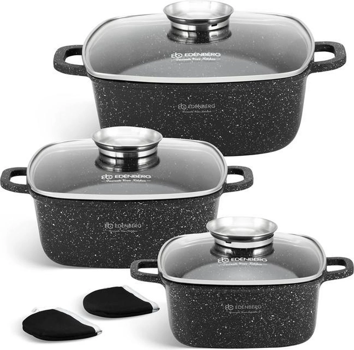 Edënbërg Stonetec Line - 8-delige Luxe Pannenset Van Gesmeed Aluminium - Zwart 1 Edënbërg Stonetec Line - 8-delige Luxe Pannenset Van Gesmeed Aluminium - Zwart