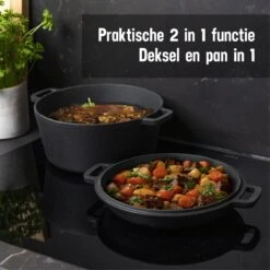 Daumonet Ducasse Gietijzeren Double Use Braadpan - Combi Sudderpan Zwart - 2-in-1 Bak- En Braadpan - PFAS & PFOA Vrij - Rond - Ø 26 Cm - 4,4 Liter - Emaille - Alle Warmtebronnen - Elektrisch - Gas - Halogeen - Inductie - Keramisch -Huis Keuken 1200x1200 1187