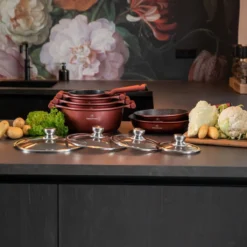 Herenthal Pannenset Inductie - Luxe 10-delige Koekenpan Inductie - Voor Alle Warmtebronnen - Pannen Met Glazen Deksels En Koudgrepen - Burgundy -Huis Keuken 1200x1200 120