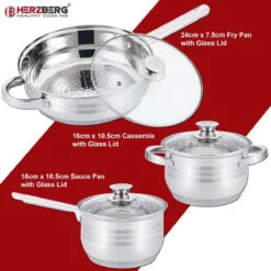 Herzberg Pannenset – 12-Delig – Voor Inductie En Gas – Vaatwasser Bestendig – RVS Met Glazen Deksels -Huis Keuken 1200x1200