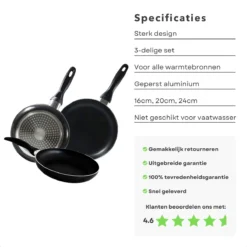 Cheqo® PRO 3-Delige Koekenpannenset - Koekenpan Set - Pannenset - Geperst Aluminium - Geschikt Voor Gas, Elektrisch, Keramisch, Halogeen Koken -Huis Keuken 1200x1200 663