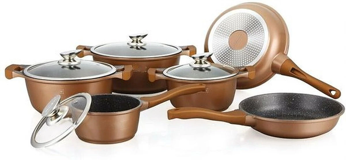 Herenthal Royal HT-CBS1010M - Pannenset - 10 Delig - Marmeren Coating - Met Glazen Deksels - Inductie - Brons Koper 1 Herenthal Royal HT-CBS1010M - Pannenset - 10 Delig - Marmeren Coating - Met Glazen Deksels - Inductie - Brons Koper