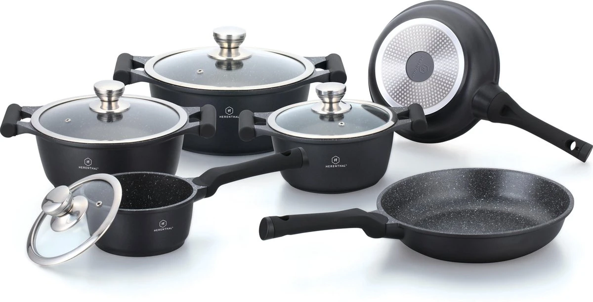 Herenthal Inductie Pannenset - Luxe 10-delige Koekenpanset - Voor Alle Warmtebronnen - Met Glazen Deksels En Koudgrepen - Zwart