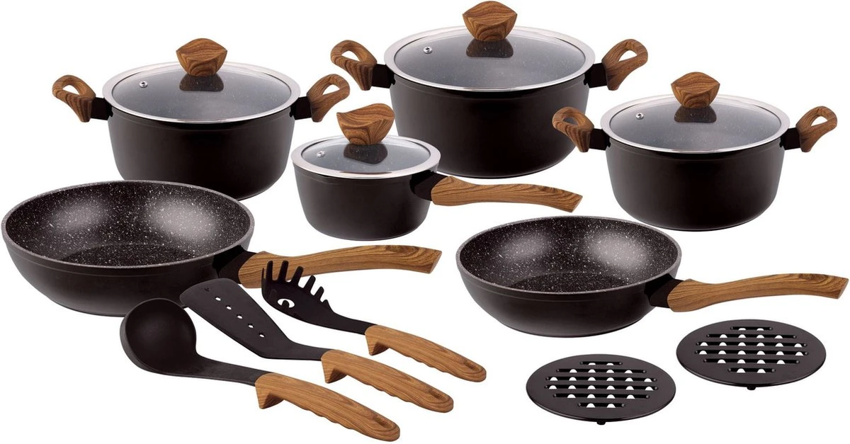 15 Delig Pannenset - Marmeren Coating - Hapjespan - Kookpan - Marmeren Coating - Met Glazen Deksels - Zwart 1 15 Delig Pannenset - Marmeren Coating - Hapjespan - Kookpan - Marmeren Coating - Met Glazen Deksels - Zwart