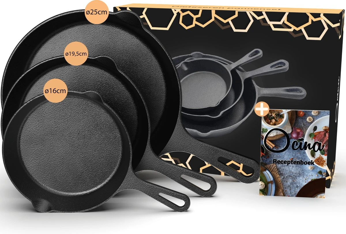 Ocina Gietijzeren Pan – Set Van 3 Stuks – ø25cm, ø19.5cm En ø16cm - Skillet - Koekenpan – Hapjespan – Koekenpan Inductie – Koekenpannenset - Gietijzeren Pan Bbq - Gietijzer - Incl. Receptenboek 1 Ocina Gietijzeren Pan – Set Van 3 Stuks – ø25cm, ø19.5cm En ø16cm - Skillet - Koekenpan – Hapjespan – Koekenpan Inductie – Koekenpannenset - Gietijzeren Pan Bbq - Gietijzer - Incl. Receptenboek