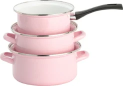 Lite-Body Pannenset - 3-delig - 2 Kookpannen & 1 Steelpan - Emaille - Serafijn Roze 7 Lite-Body Pannenset - 3-delig - 2 Kookpannen & 1 Steelpan - Emaille - Serafijn Roze -Huis Keuken 1200x836