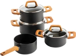 Gero Mark Kookpannenset - 4-delig - Zwart - Houtlook Grepen - Inductie - PFAS-vrij