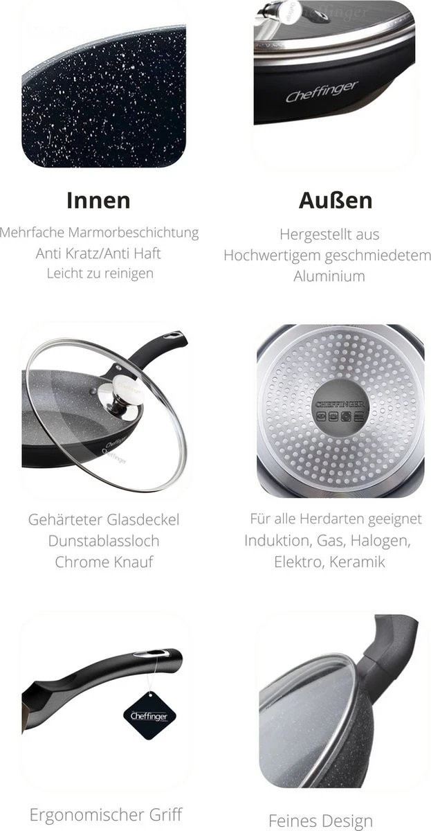 Cheffinger Koekenpan - Met Deksel - Marmeren Coating - 26 Cm - Zwart 4 Cheffinger Koekenpan - Met Deksel - Marmeren Coating - 26 Cm - Zwart - Afbeelding 4